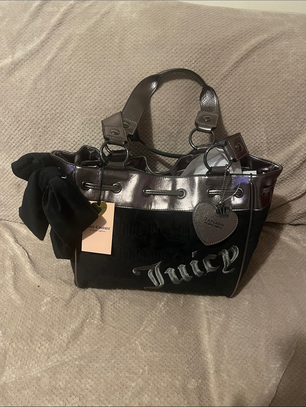 Day Dreamer in Black Suede & Shiny Gunmetal Tote with Heart Charm New With Tags